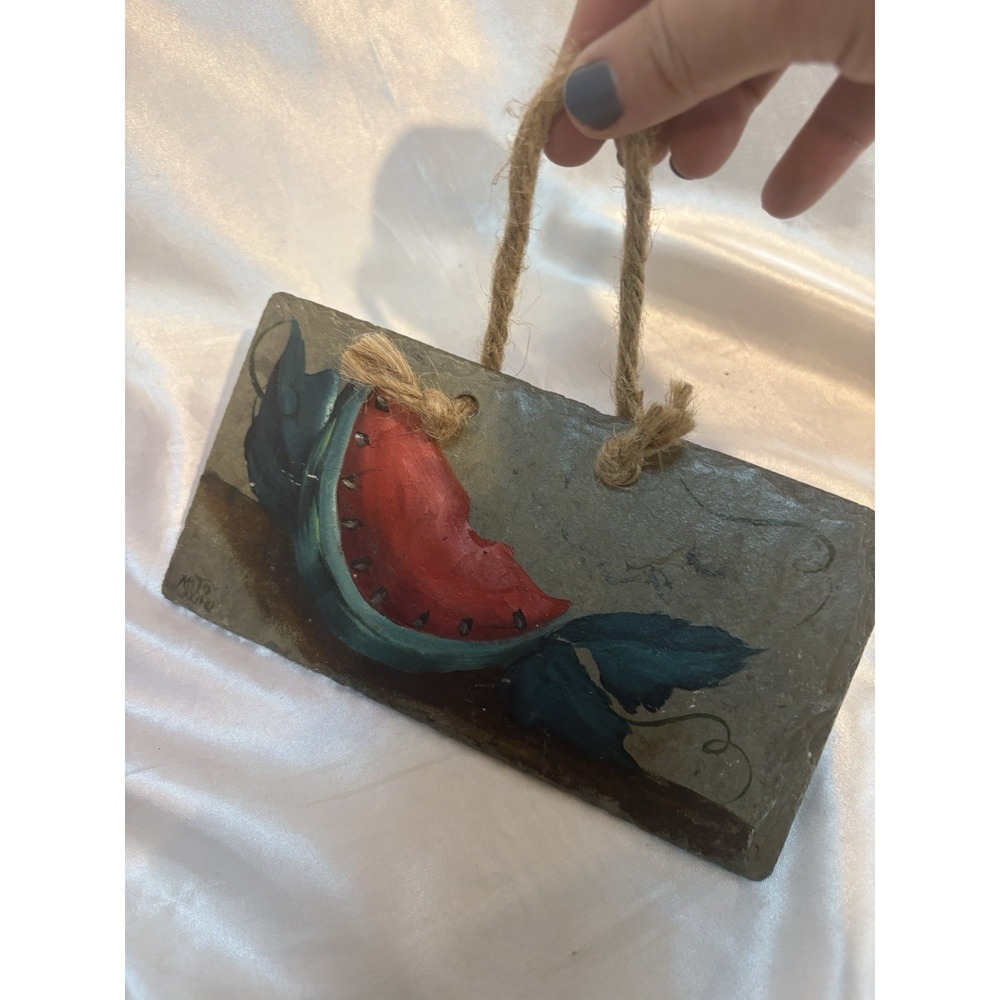 Hand Painted Watermelon Slate Plaque Burlap Hanger